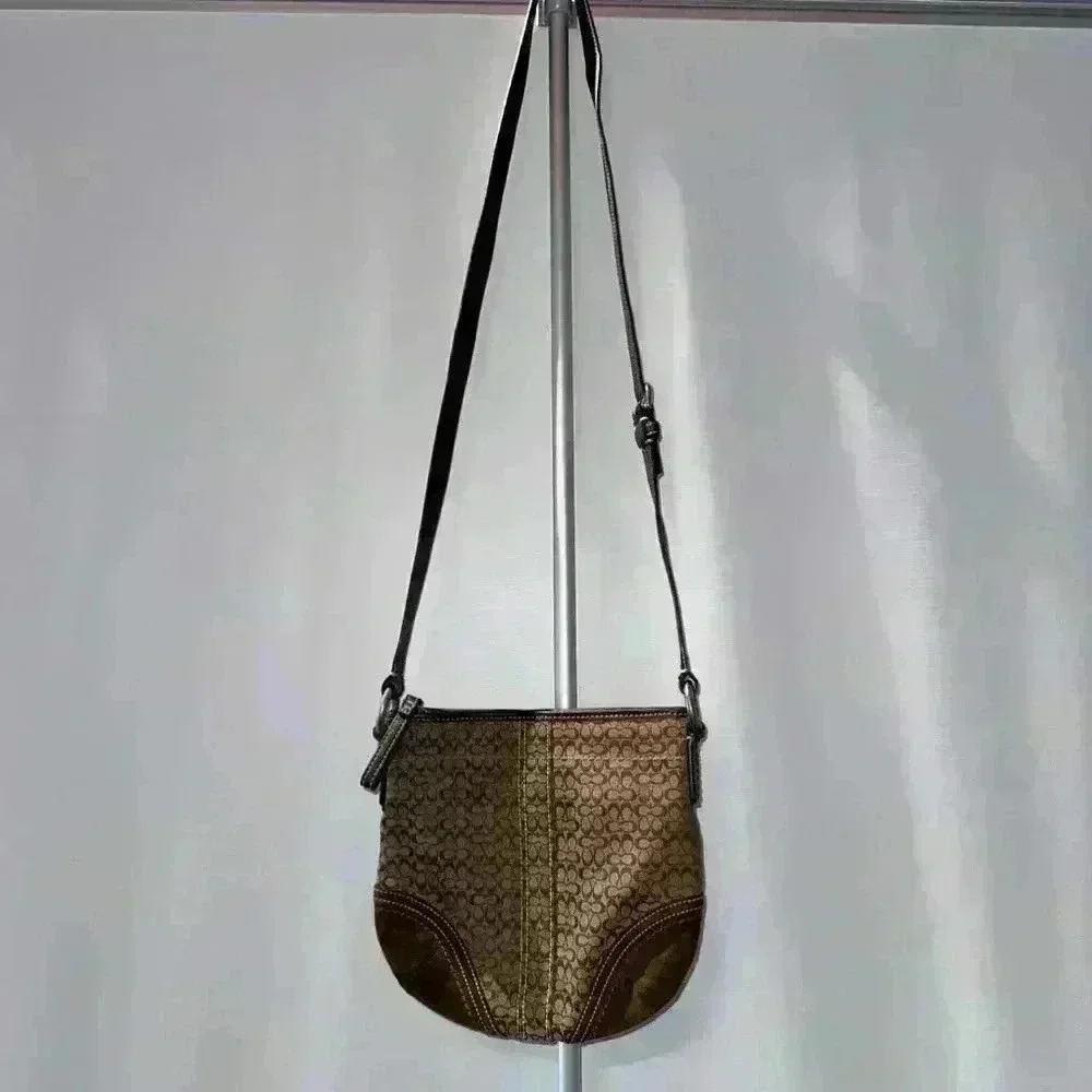 Coach Signature Crossbody Bag Jacquard Fabric & Leather Brown - Picture 1 of 16